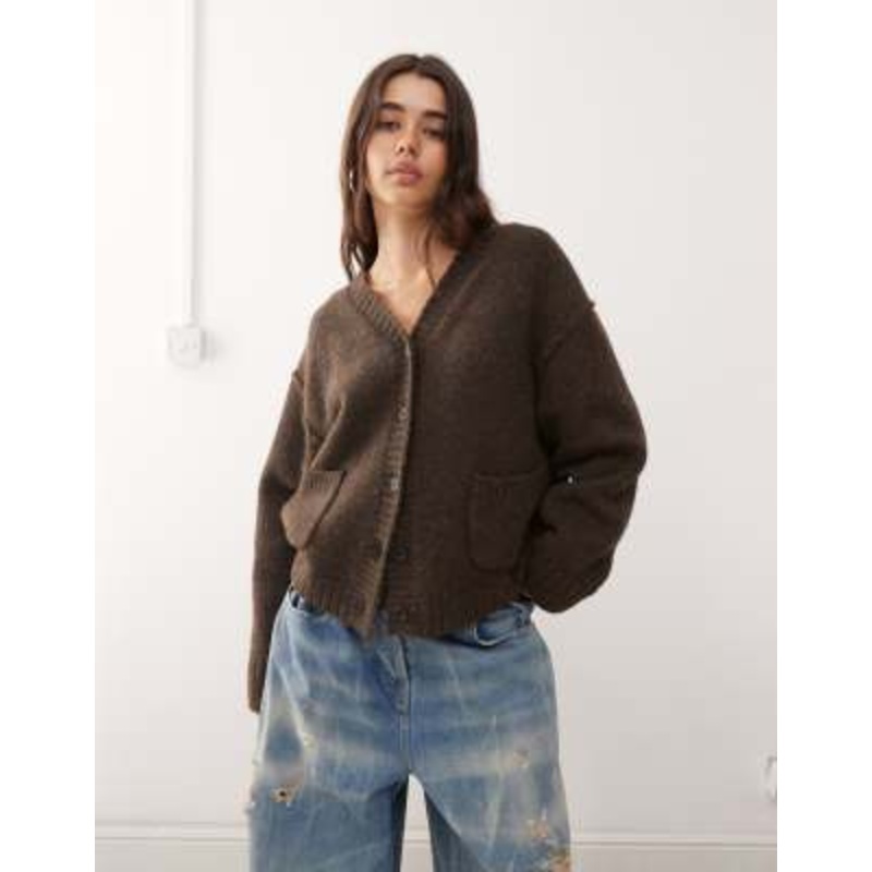 Weekday oversized v neck cardigan in brown melange