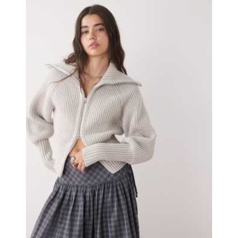 Weekday ribbed knit zip through cardigan in off-white