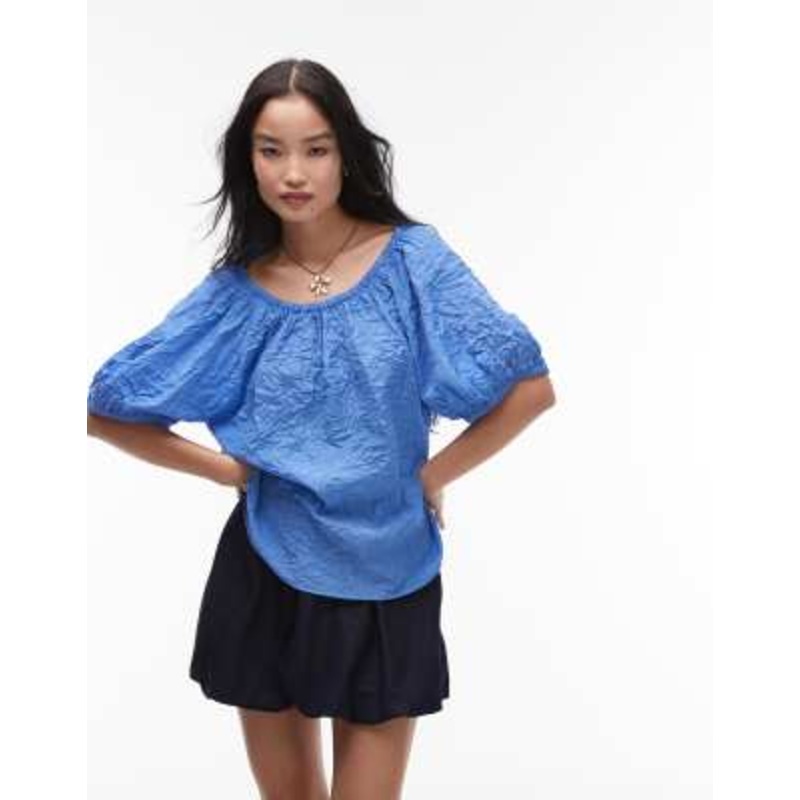 & Other Stories textured blouse with puff sleeves and keyhole tie back in blue