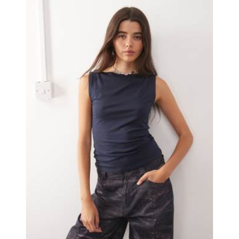 Weekday Annie super soft boat neck tank top in dark navy
