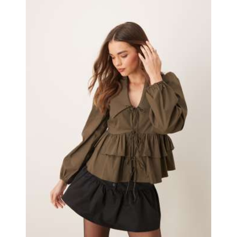YAS tie front long sleeve tiered shirt in kalamata green