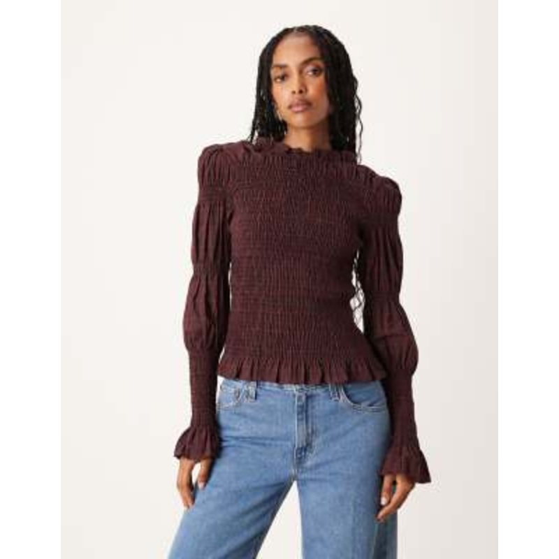 YAS shirred detail long sleeve top in burgundy plaid print