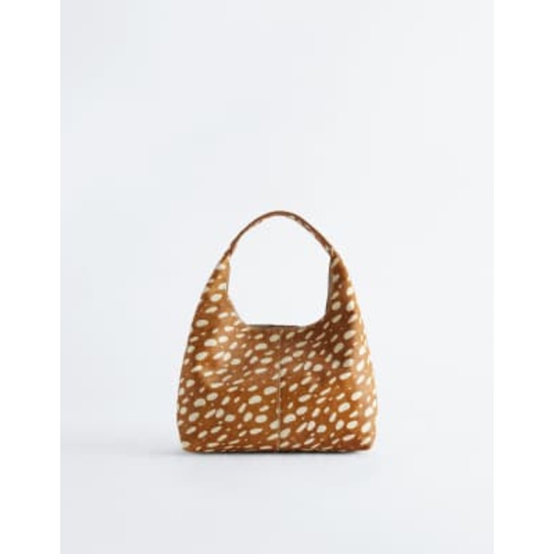 & Other Stories extra small hairy leather suede tote in brown bambi deer print