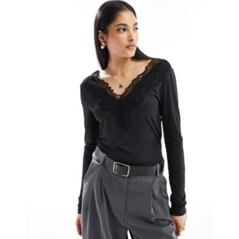 YAS v neck long sleeve top with lace detail in black