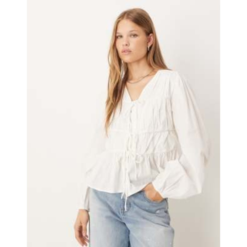 YAS tie front long sleeve blouse in white