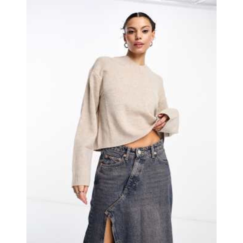 Weekday Reece high v neck wool sweater in beige melange