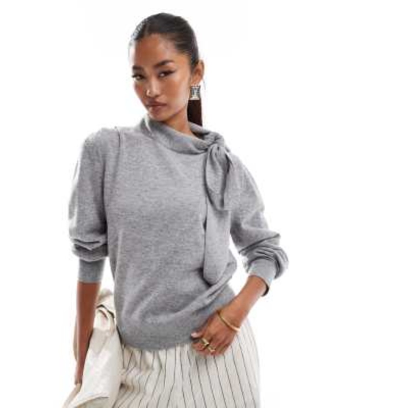 & Other Stories wool sweater with bow scarf detail in gray