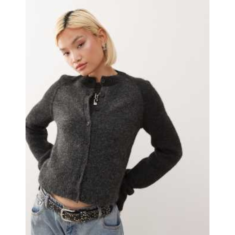 Weekday wool blend fitted cardigan in dark gray and black contrast sleeves
