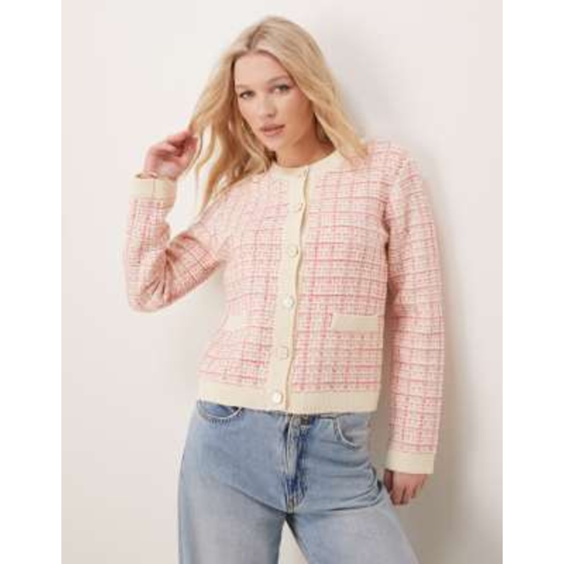 YAS boucle plaid knit cardigan in cream and raspberry