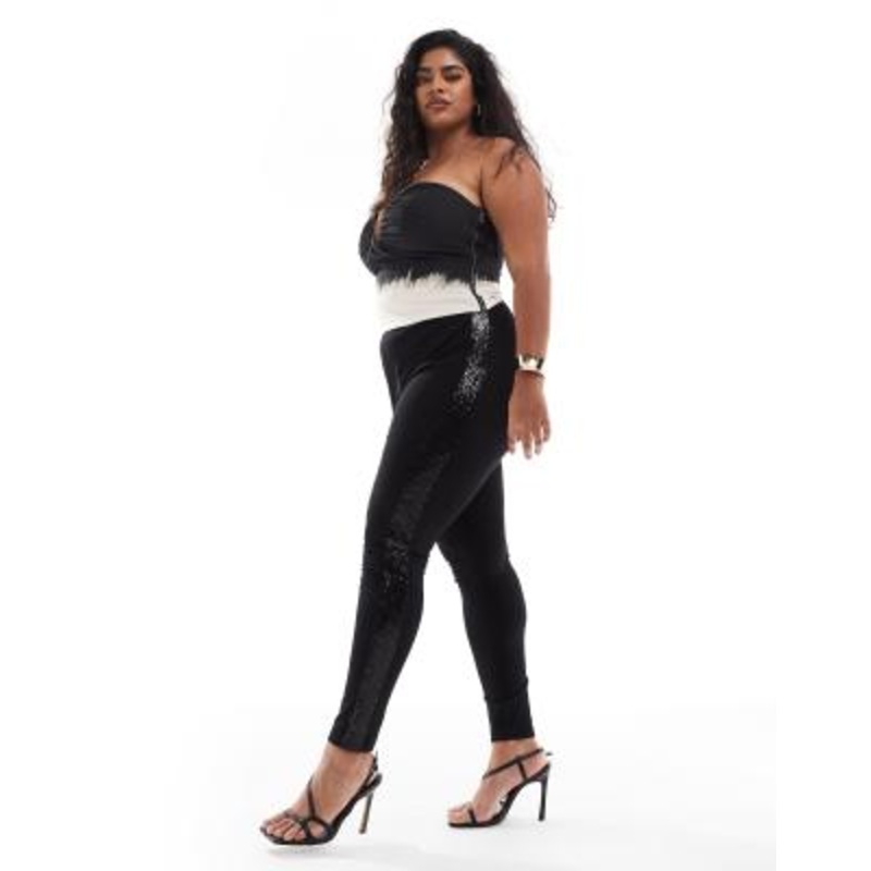 Yours ponte sequin side stripe leggings in black