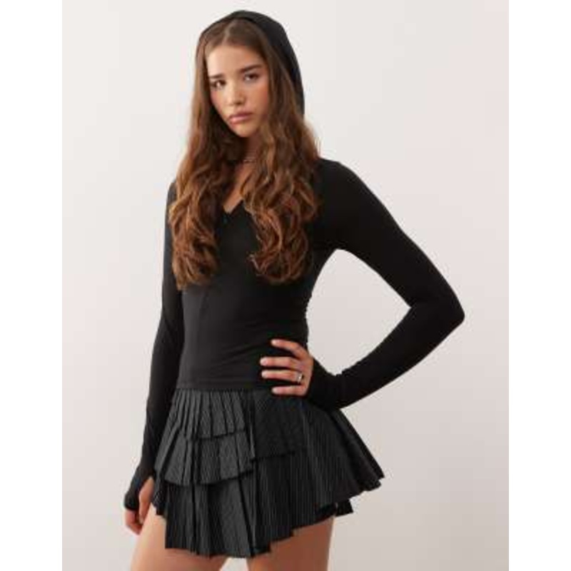 Weekday slim fit half zip long sleeve top with hood in black