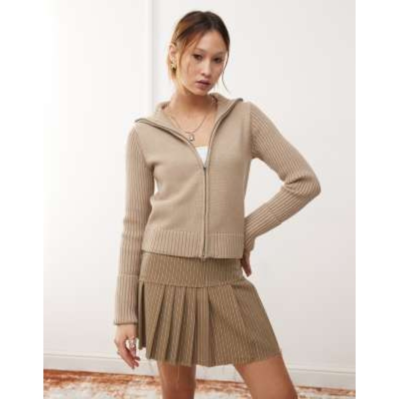 Weekday Winona high neck zip cardigan with folded cuffs in beige