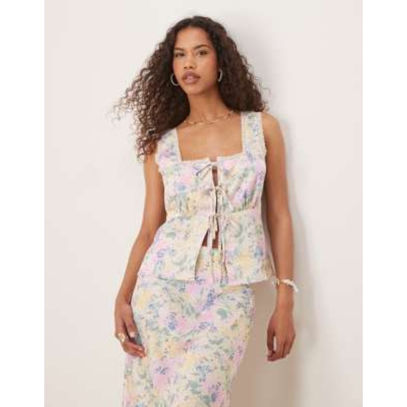 YAS lace trim tie front satin cami top in meadow floral print – part of a set
