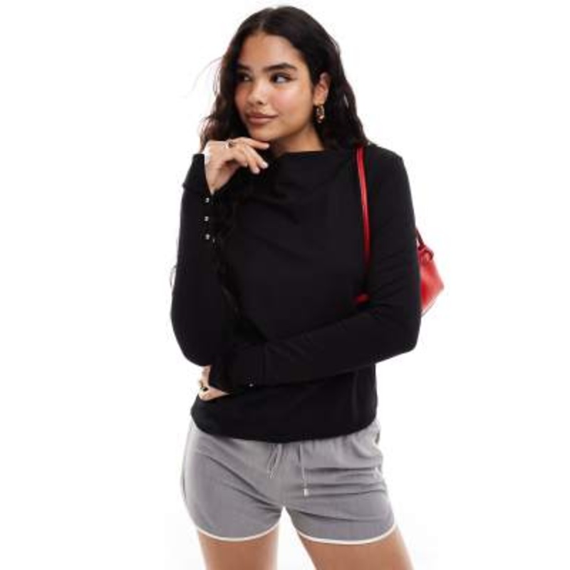 & Other Stories long sleeve rib jersey top in black with studded neck and cuff detail