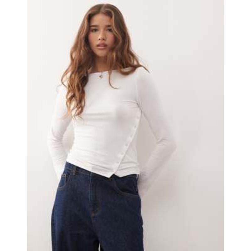 Weekday boat neck long sleeve top with snaps on split hem detailing in white