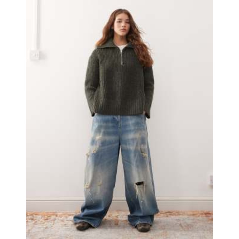 Weekday Cillia half zip sweater in dark green melange