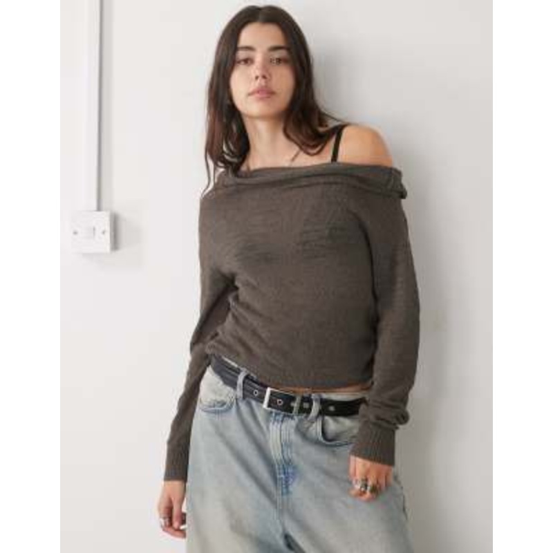 Weekday slouchy off-shoulder fine knit sweater in dark mole