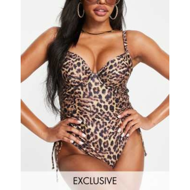 Wolf & Whistle Fuller Bust Exclusive underwired swimsuit with side rushing detail in leopard print