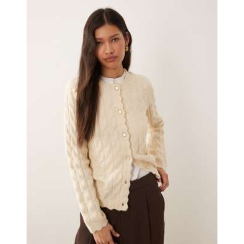 YAS scallop trim textured cardigan in cream