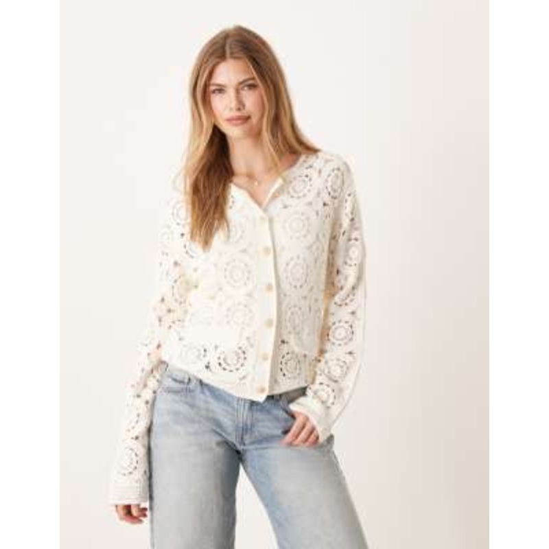 YAS circle crochet knit cardigan with gold button detail in cream