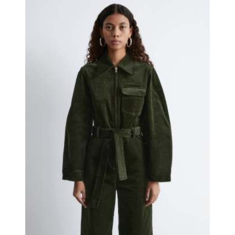 & Other Stories belted corduroy jumpsuit with volume sleeves in dark green