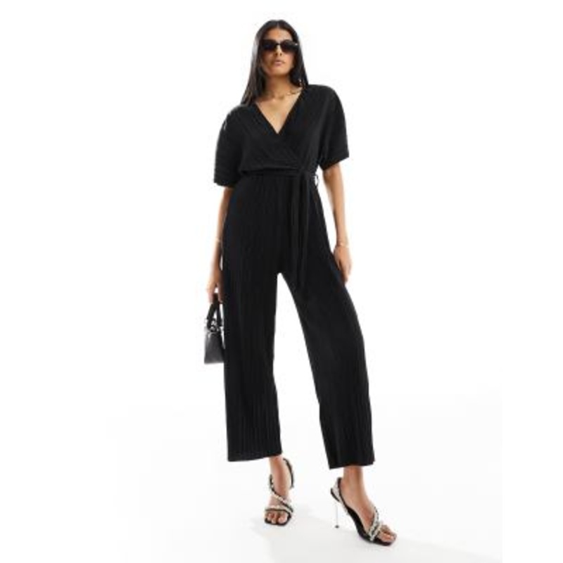 YAS plisse wrap front jumpsuit in black