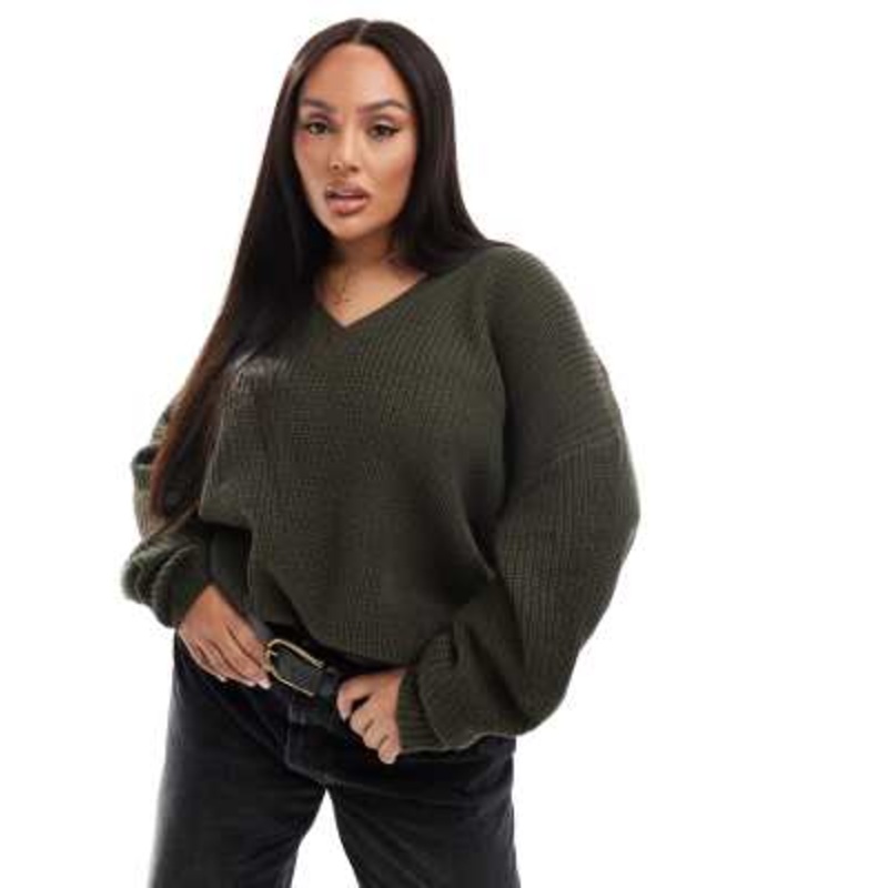 Yours Exclusive v-neck sweater in khaki