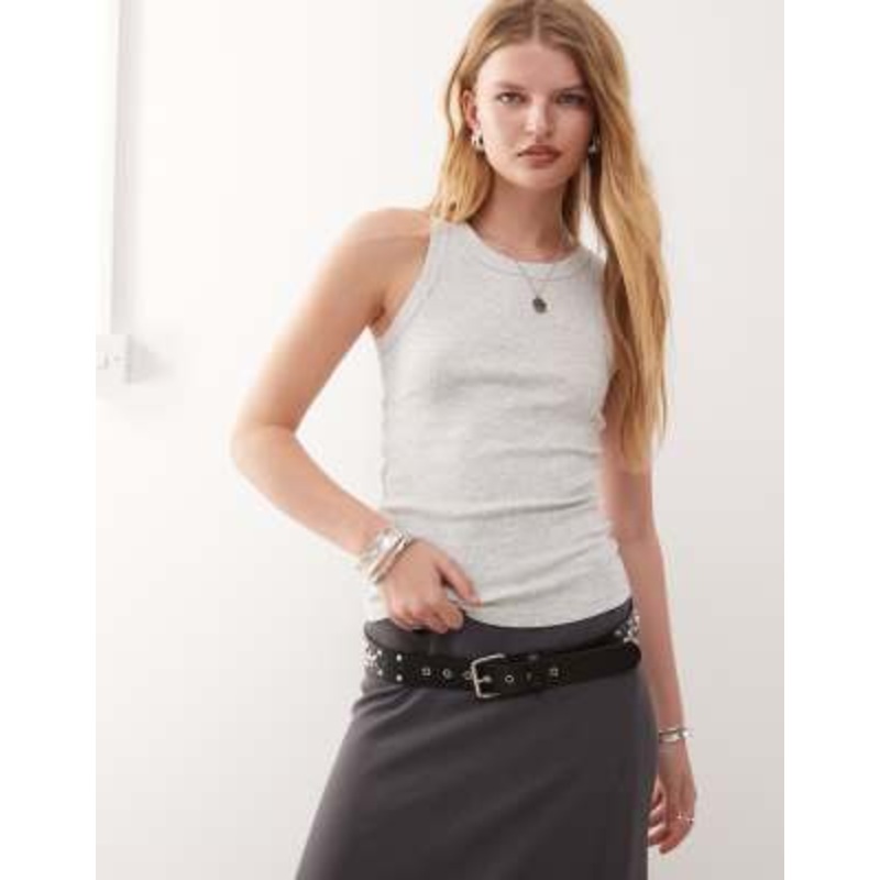 Weekday ribbed racer neck tank top in heather gray