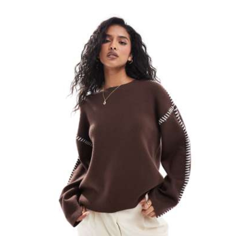 YAS contrast stitch detail sweater in brown