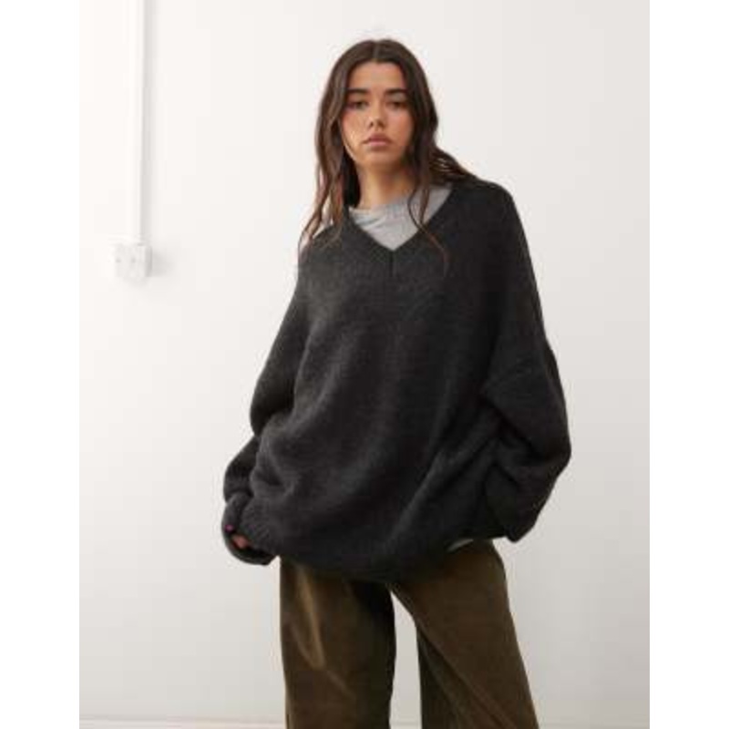 Weekday wool blend super oversized v neck sweater in black