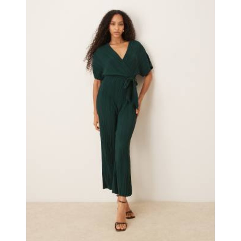 YAS tie waist plisse jumpsuit in deep jewel green