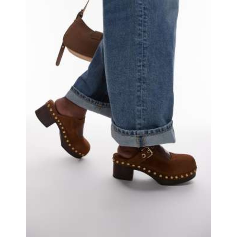 & Other Stories real suede wooden sole heeled clogs in cognac brown