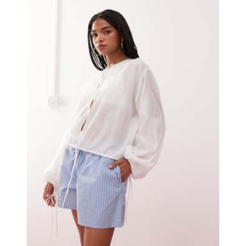 Weekday cotton voile blouse with volume sleeves and keyhole front detail in off-white
