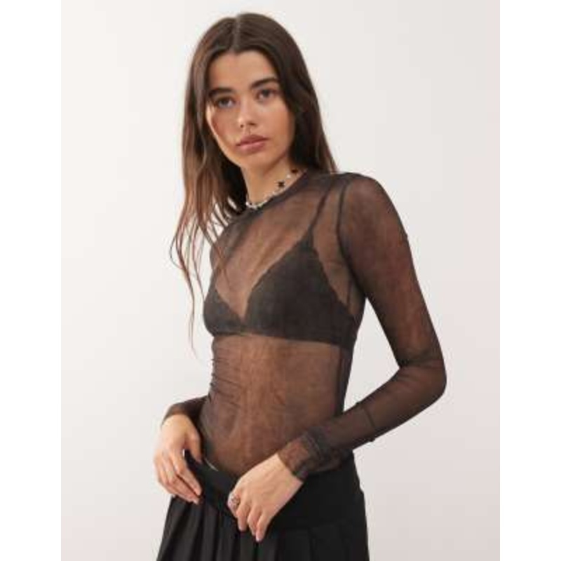 Weekday mesh long sleeve top with faded effect print in burnt brown – exclusive to