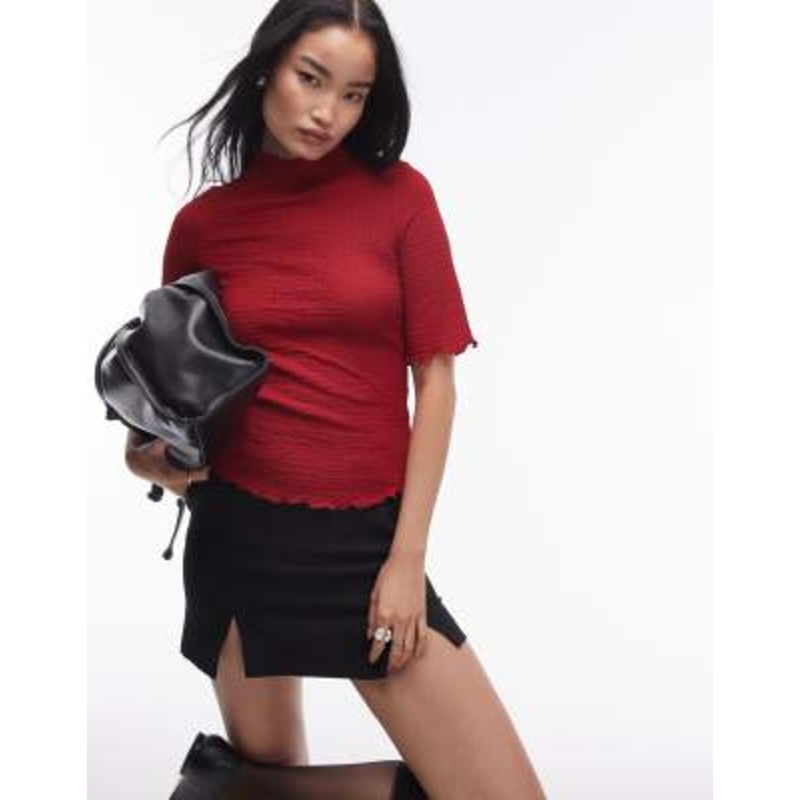 & Other Stories jersey high neck top with elbow sleeves and raw edges in red