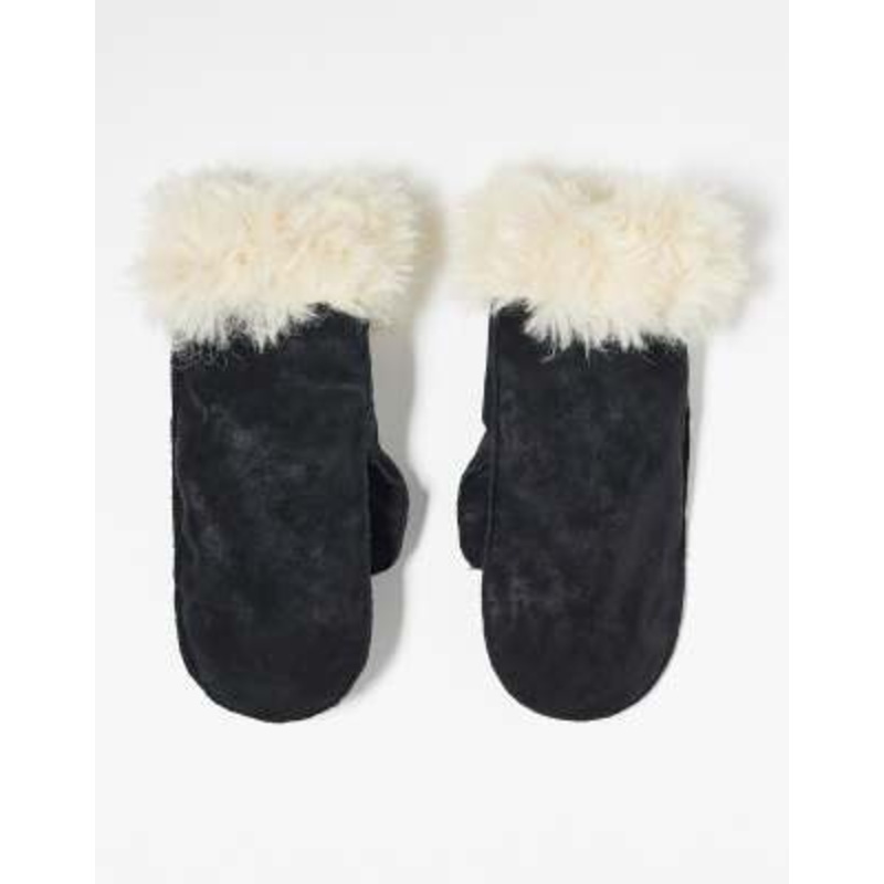 Weekday faux shearling mittens in black suede with white fur