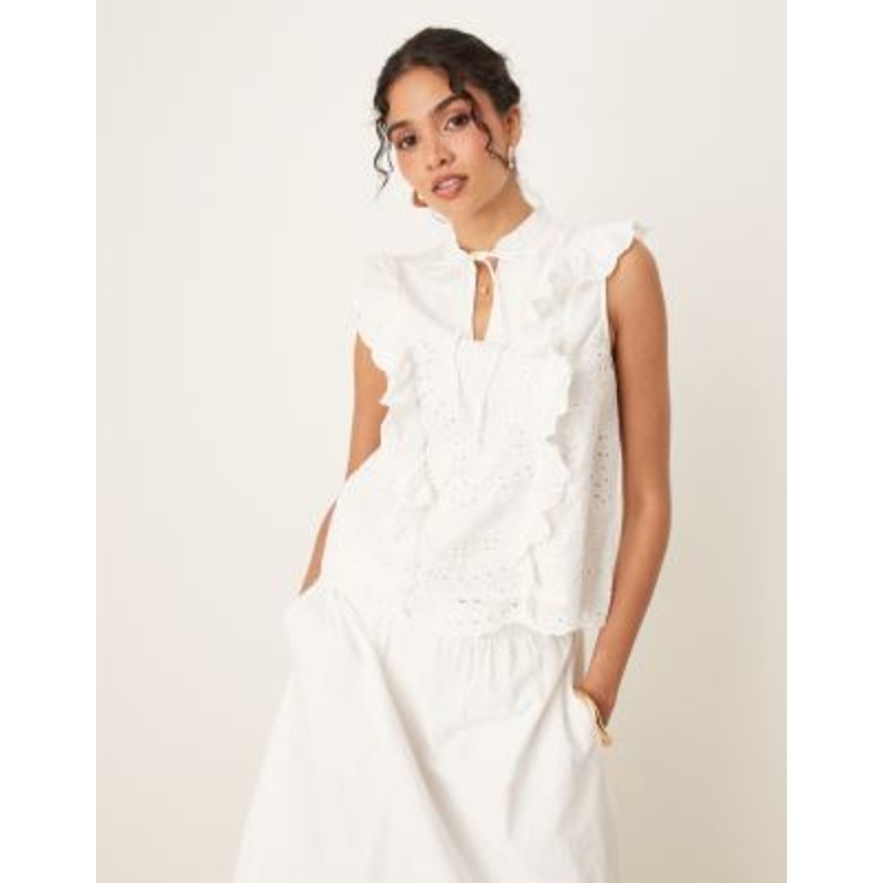 YAS eyelet frill detail tie neck top in white – part of a set