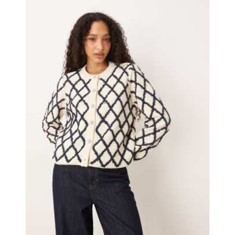 YAS fluffy textured plaid cardigan in cream and navy