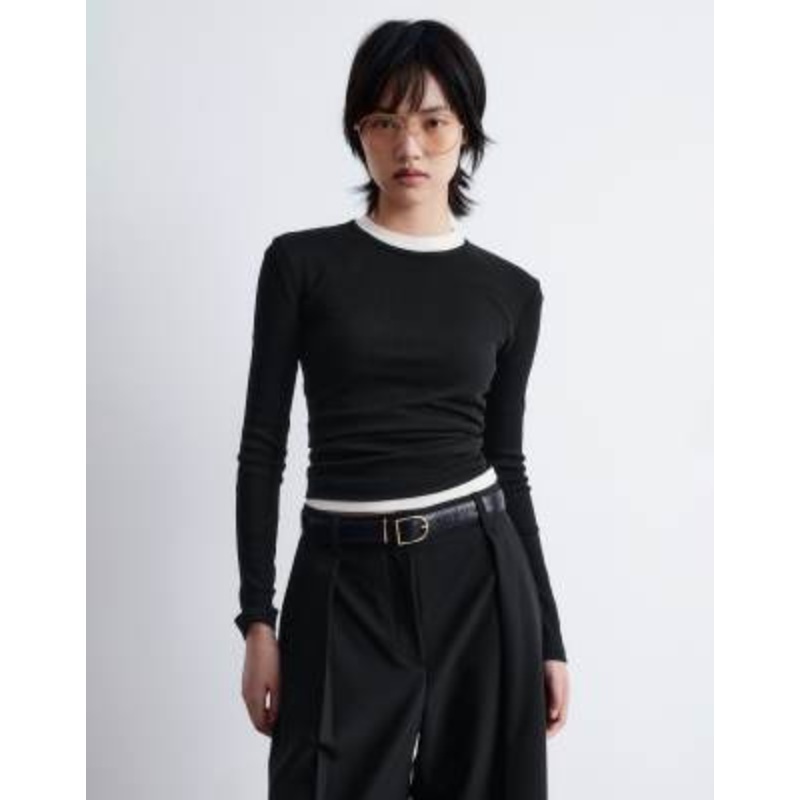 & Other Stories soft jersey ribbed long sleeve top in black