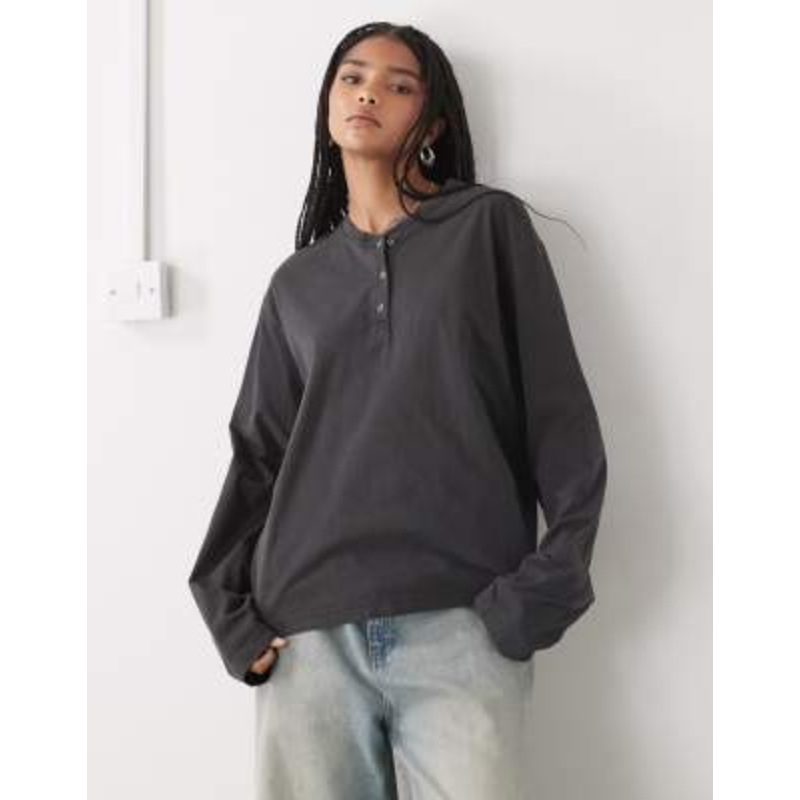 Weekday long sleeve boxy Henley top with buttons in dark gray