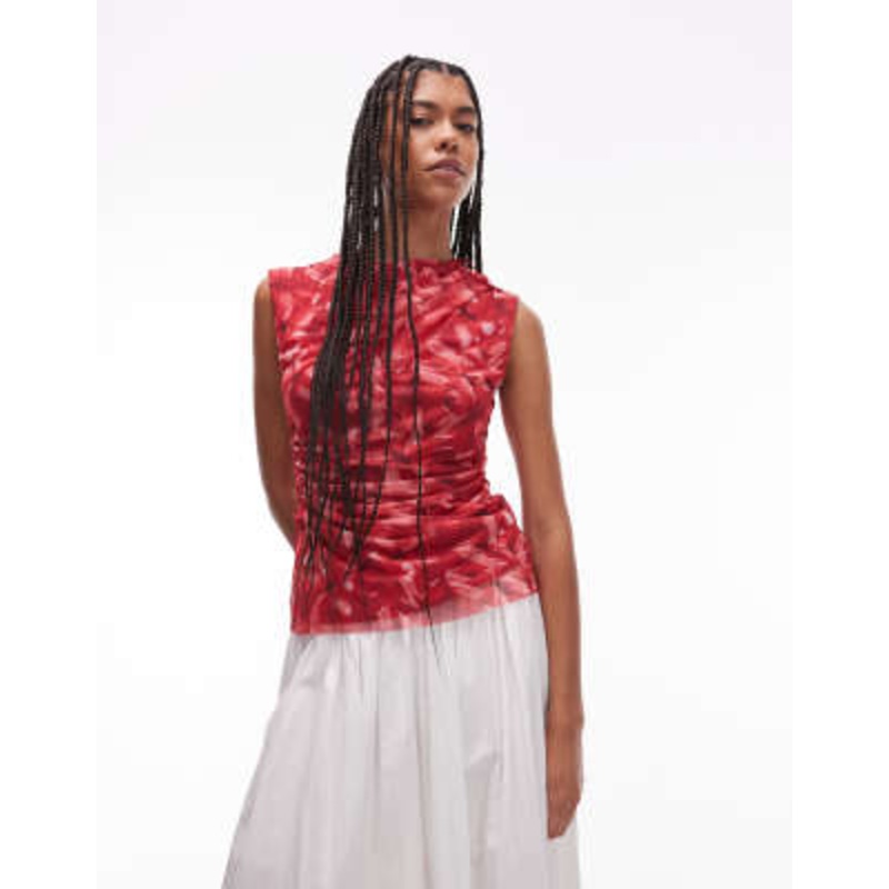 & Other Stories mesh top with drape detail in red flower print