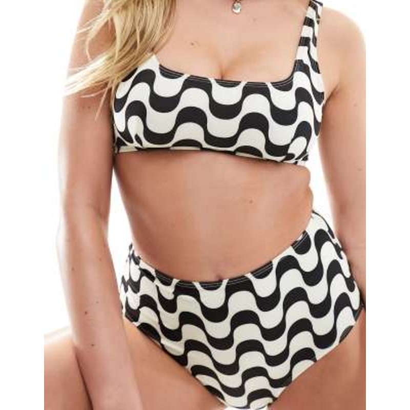 & Other Stories scoop neck bikini top in black & white wave print