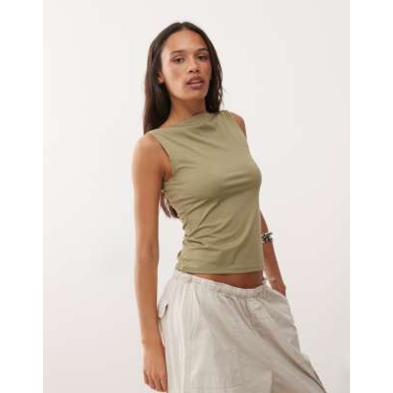 Weekday Annie boat neck tank top in olive green