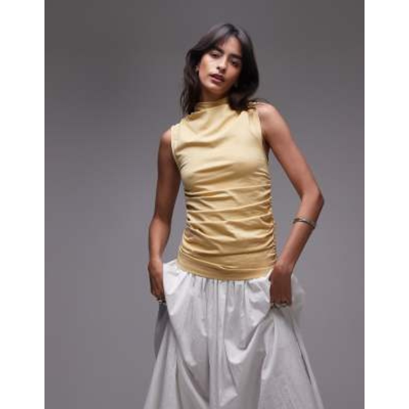 & Other Stories sleeveless supersoft drape jersey top with high neck in butter yellow