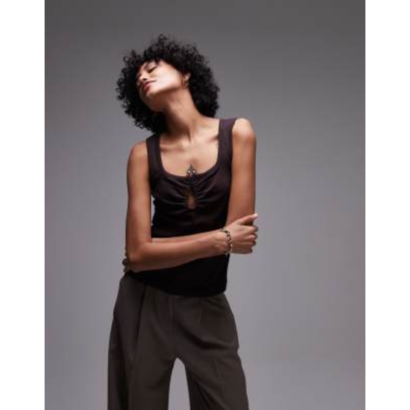 & Other Stories ribbed jersey sleeveless top in brown with metal deco clasp