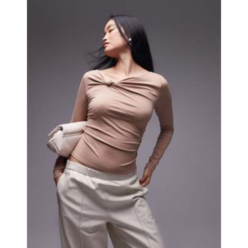 & Other Stories jersey long sleeve top with knotted neckline detail in beige