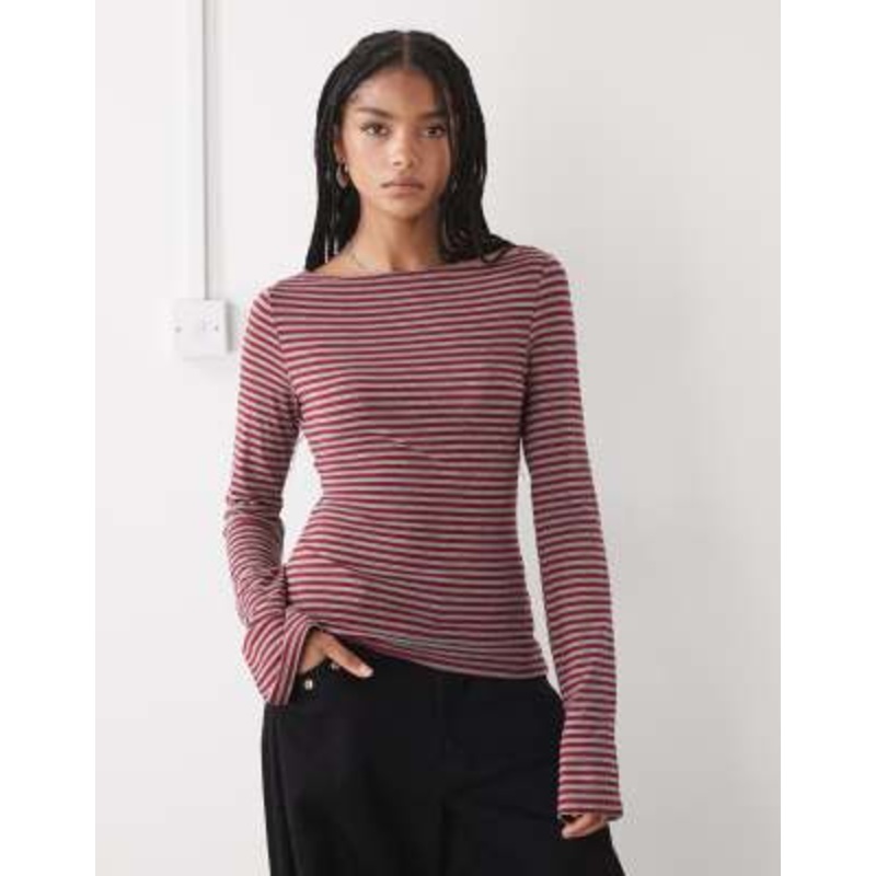 Weekday Annie boat neck long sleeve top in red and gray stripe exclusive to