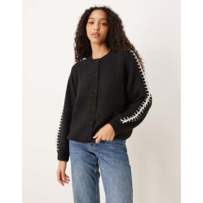 YAS contrast stitch detail soft cardigan in black