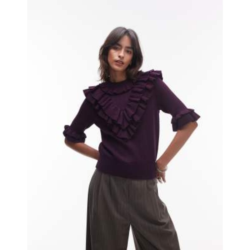 & Other Stories knit pointelle sweater with ruffles in burgundy plum