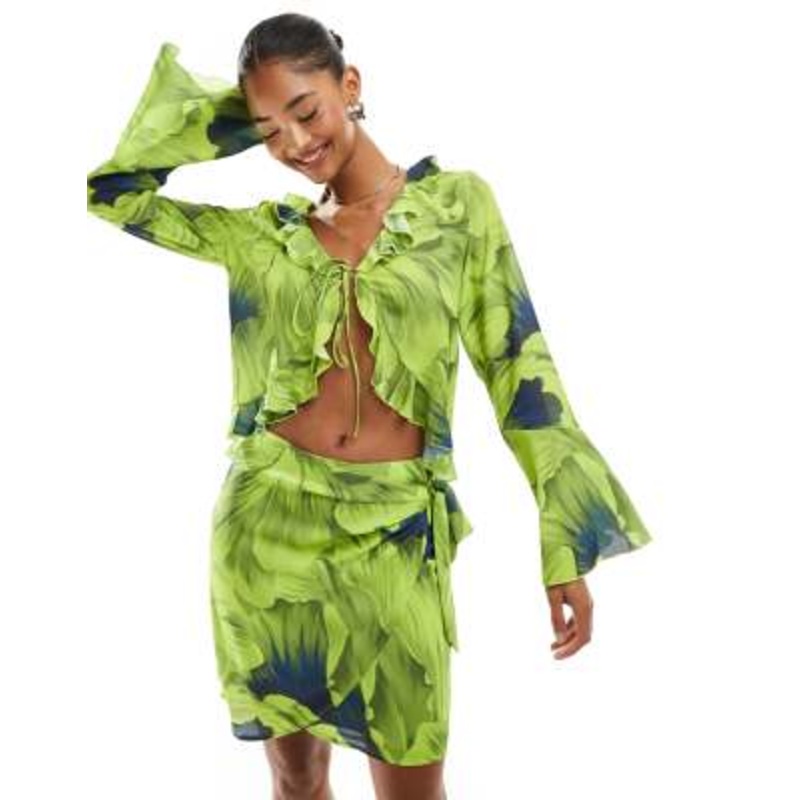 YAS frill detail tie front blouse in lime print – part of a set